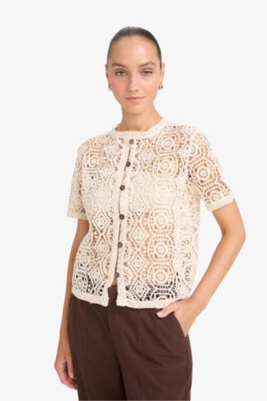 Regular Fit Crew Neck Embroidered Cardigan