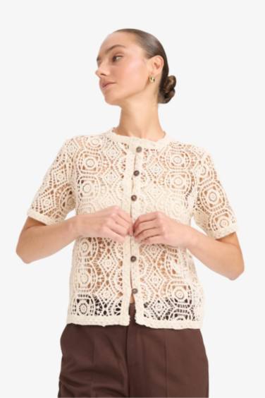 Regular Fit Crew Neck Embroidered Cardigan