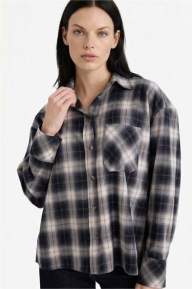 Oversize Geniş Kalıp Kareli Flanel Uzun Kollu Gömlek