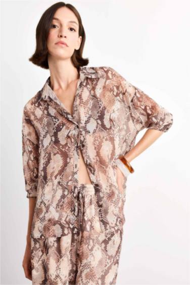 قميص ردن طويل شيفون قصة مريحة بياخة V