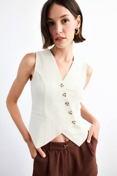 Slim Fit V-Neck Linen Vest