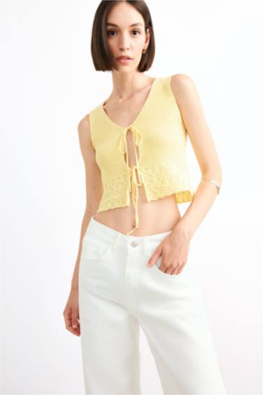 V Neck Front Tie Knit Blouse