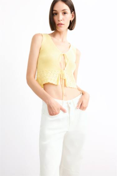 V Neck Front Tie Knit Blouse