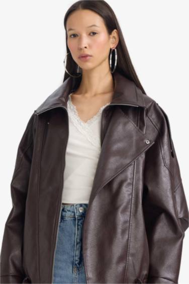 Su Geçirmez Relax Fıt Suni Deri Mont