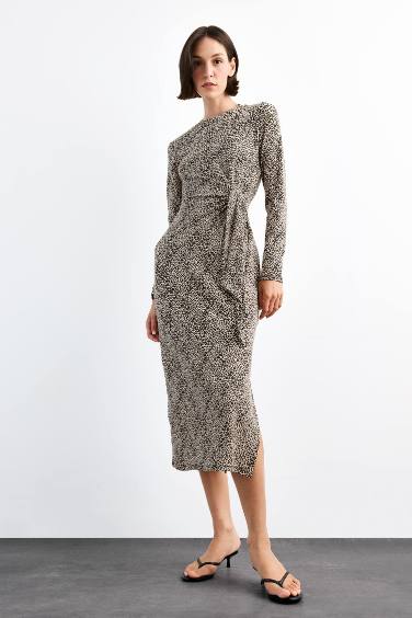 Leopar Desenli Twill Uzun Kollu Midi Elbise