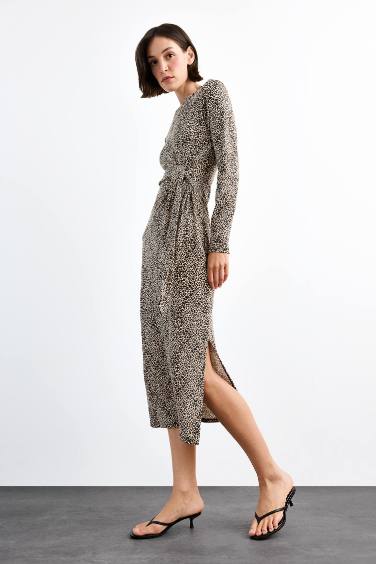 Leopar Desenli Twill Uzun Kollu Midi Elbise