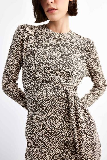 Leopar Desenli Twill Uzun Kollu Midi Elbise