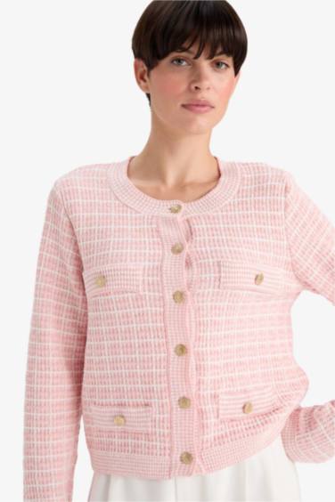 Regular Fit Bisiklet Yaka Kareli Triko Hırka