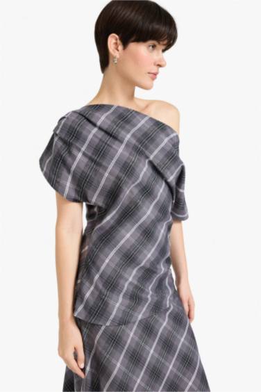 Regular Fit Boat Collar Plaid Short Sleeve Blouse