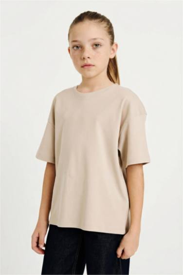 Қыздарға арналған Oversize кең пішімді дөңгелек жағалы қысқа жеңді футболка