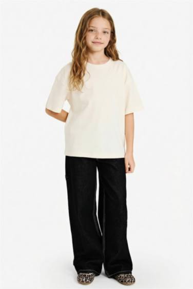 Қыздарға арналған Oversize кең пішімді дөңгелек жағалы қысқа жеңді футболка