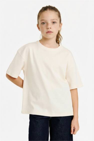 Қыздарға арналған Oversize кең пішімді дөңгелек жағалы қысқа жеңді футболка