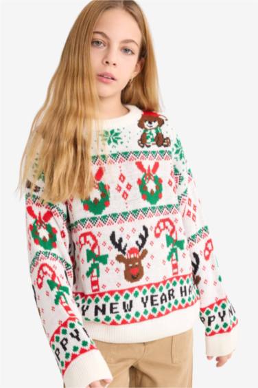 Kız Çocuk Yılbaşı Temalı Oversize Geniş Kalıp Bisiklet Yaka Kazak