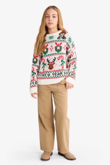 Kız Çocuk Yılbaşı Temalı Oversize Geniş Kalıp Bisiklet Yaka Kazak