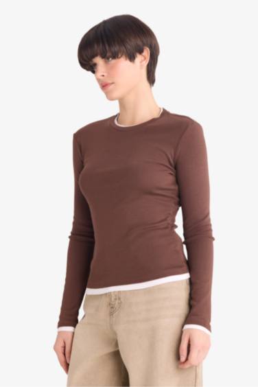 Slim Fit денеге қонымды дөңгелек жағалы ұзын жеңді рибана футболка