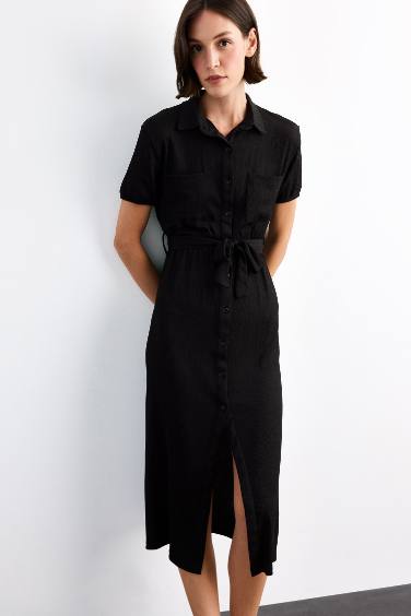 فستان ميدي نص ردن بياخة قميص وحزام