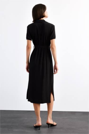 فستان ميدي نص ردن بياخة قميص وحزام