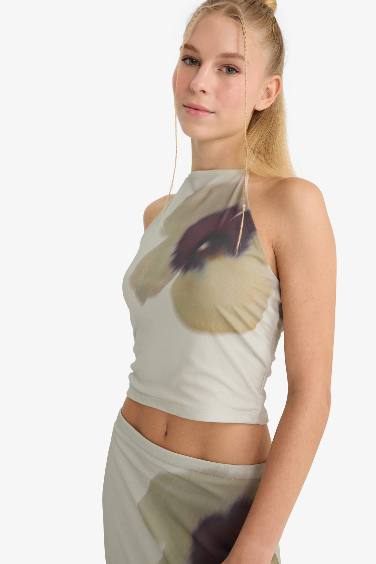 Coool Fitted Çiçek Baskılı Halter Yaka Tül Bluz