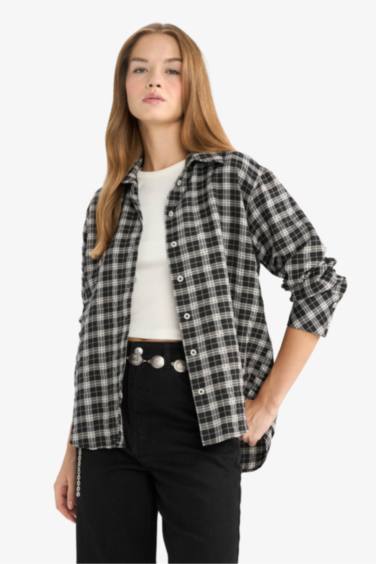Oversize Fit Shirt Collar Poplin Gingham Long Sleeve Shirt