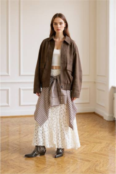 Afra x DeFacto Oversize Geniş Kalıp Pötikareli Poplin Uzun Kollu Gömlek