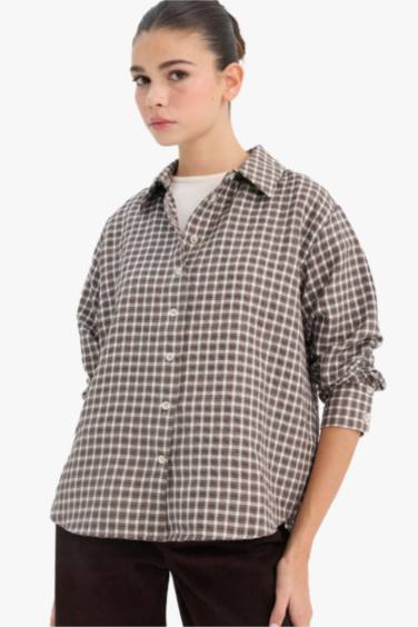 Afra x DeFacto Oversize Geniş Kalıp Pötikareli Poplin Uzun Kollu Gömlek