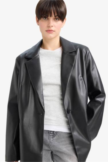 Oversize Fit Jacket Collar Faux Leather Blazer