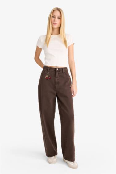 Coool Barrel Fit Normal Bel Kiraz Charmlı Gabardin Pantolon