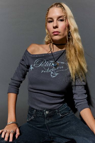 Coool Fitted Açık Omuzlu Fitilli Kaşkorse Uzun Kollu Tişört