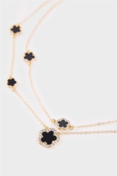 Kadın 2'li Siyah Yonca Detaylı Kolye