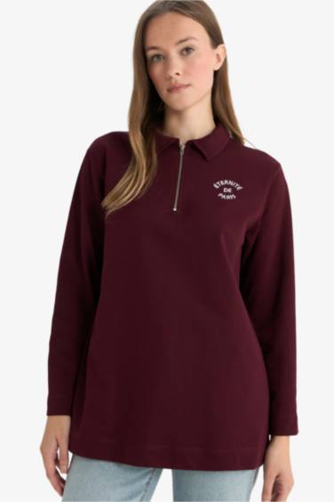 Regular Fit Polo Yaka Nakışlı Yarım Fermuarlı Sweatshirt Tunik