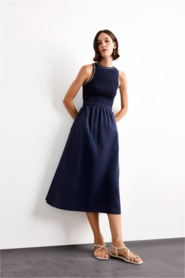 فستان ميدي قطن ردن طويل بقصة A