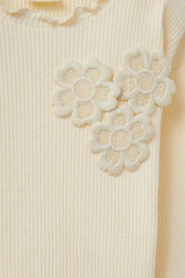 Kız Bebek Standart Fit Çiçekli Fitilli Kaşkorse Uzun Kollu Tişört