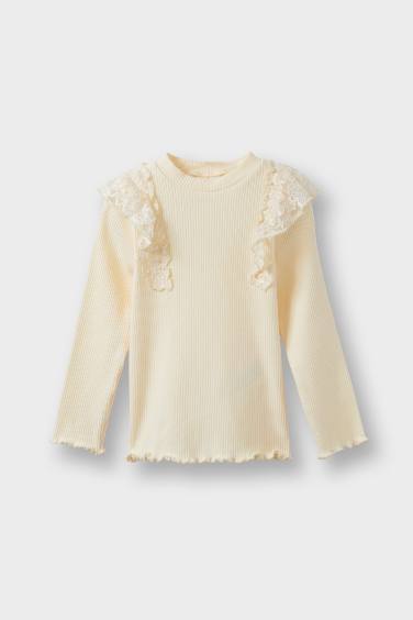 Kız Bebek Dantel Detaylı Fitilli Kaşkorse Uzun Kollu Tişört