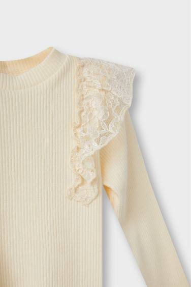 Kız Bebek Dantel Detaylı Fitilli Kaşkorse Uzun Kollu Tişört