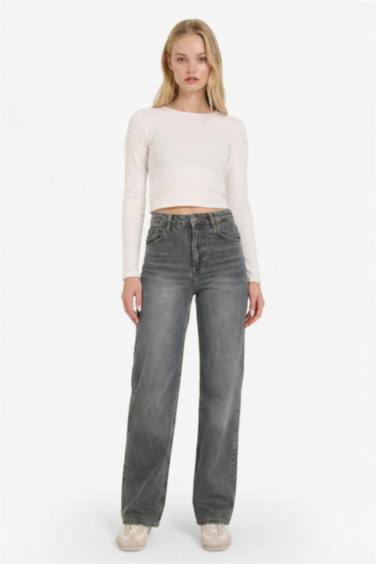 90's Wide Leg Yüksek Bel Uzun Jean Yıkamalı Pantolon