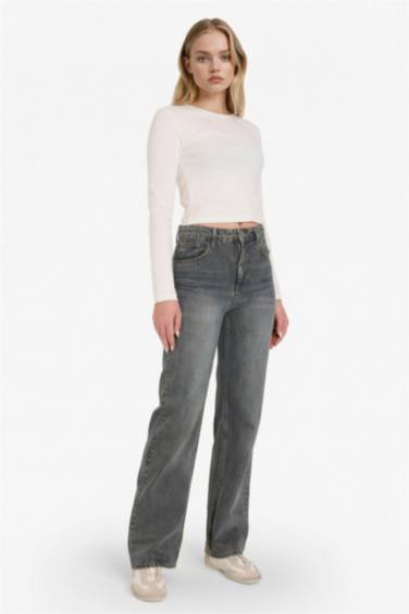 90's Wide Leg Yüksek Bel Uzun Jean Yıkamalı Pantolon