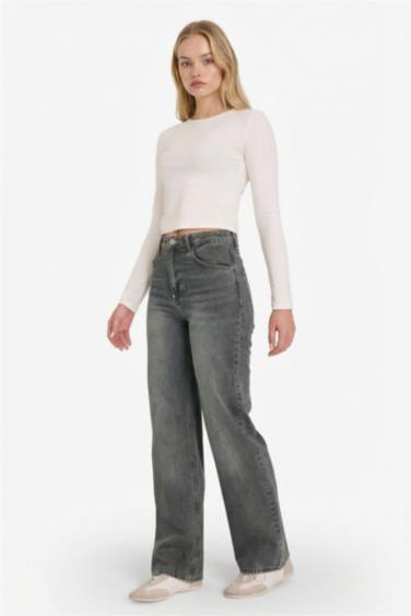 90's Wide Leg Yüksek Bel Uzun Jean Yıkamalı Pantolon