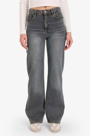 90's Wide Leg Yüksek Bel Uzun Jean Yıkamalı Pantolon