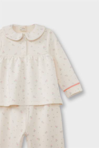Kız Bebek Pijama Takımı Çiçekli Uzun Kollu Jakarlı Üst Uzun Alt