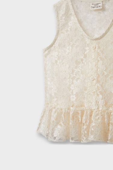 Kız Bebek V Yaka Düğmeli Tül Kolsuz Bluz