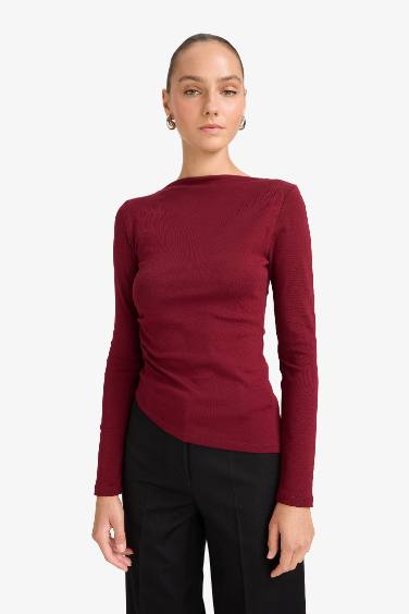 Slim Fit Boat Neck Rib Long Sleeve T-Shirt