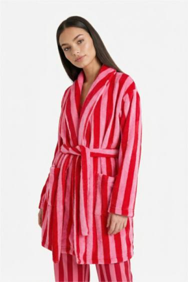 Regular Fit Çizgili Welsoft Pelüş Uzun Kollu Sabahlık