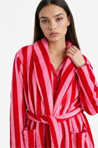 Regular Fit Çizgili Welsoft Pelüş Uzun Kollu Sabahlık