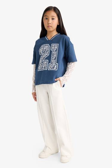 Girl Lace Detailed Long 2 Piece T-Shirt Sweatpants