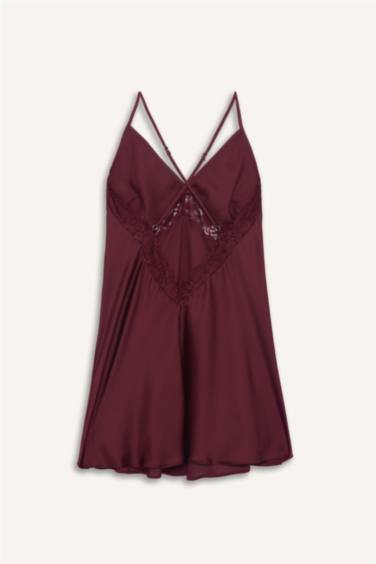 Regular Fit V Yaka Saten Askılı Gecelik