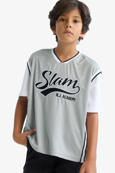 تيشيرت ولادي نص كم تول مطرز اوفر سايز بياقة V