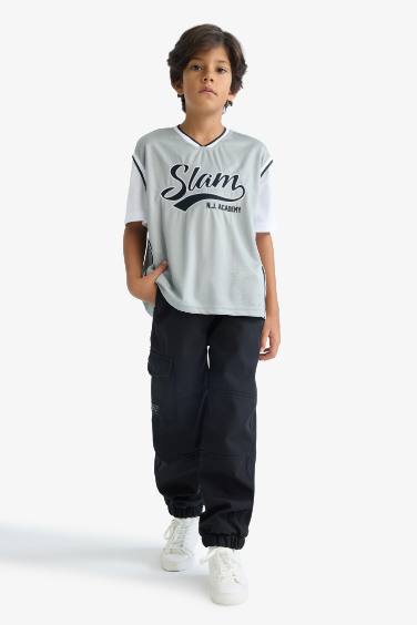 تيشيرت ولادي نص كم تول مطرز اوفر سايز بياقة V