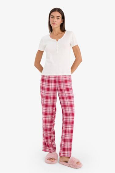 بنطلون بجامة كاروهات فلانيل قصة عادية