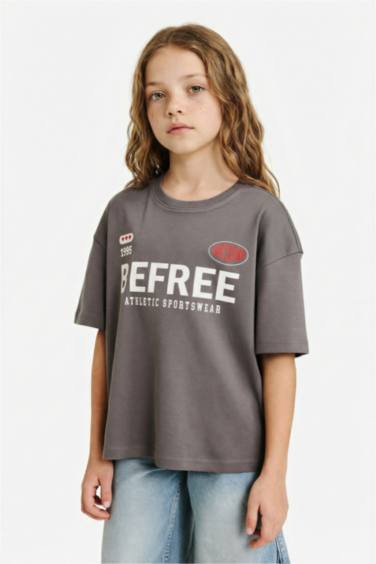 Қыздарға арналған Oversize кең пішімді дөңгелек жағалы жазуы бар қысқа жеңді футболка