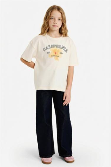 Қыздарға арналған Oversize кең пішімді дөңгелек жағалы гүлді қысқа жеңді футболка